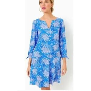 XXL Lilly Pulitzer Cath Dress Blue White Print Quarter Sleeve 100% Cotton